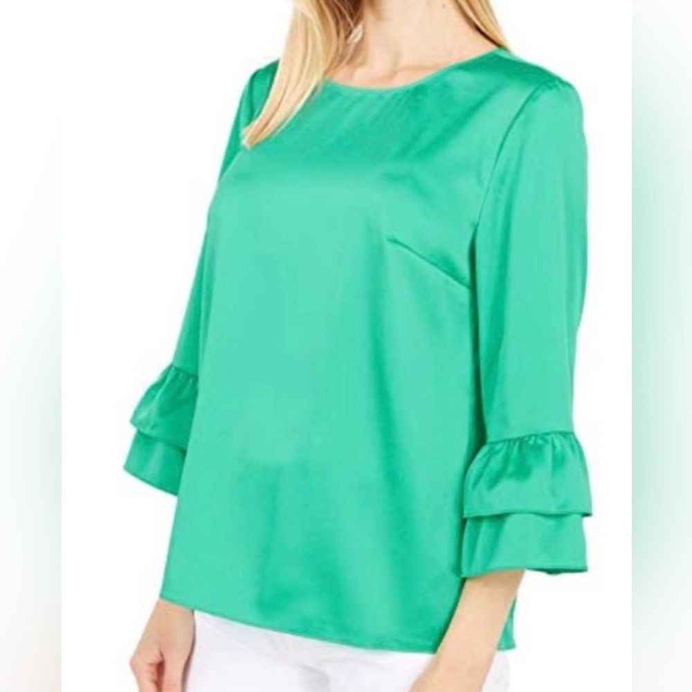 Lilly Pulitzer Vibrant Green Silk look Blouse with Ruffle Sleeves - Picture 5 of 5